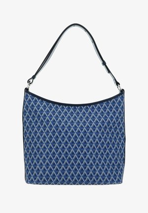 Sac hobo avec un motif triangulaire dans des tons de bleu, fabriqué en tissu texturé, doté d'une seule bandoulière courbée et d'une bordure noire.