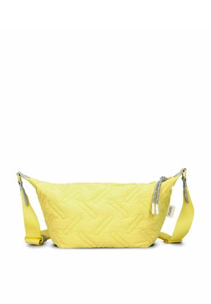 Geel gewatteerde handtas in een rechthoekige vorm, met een gestructureerd patroon en grijze ritsen. Verstelbare gele schouderband bevestigd.