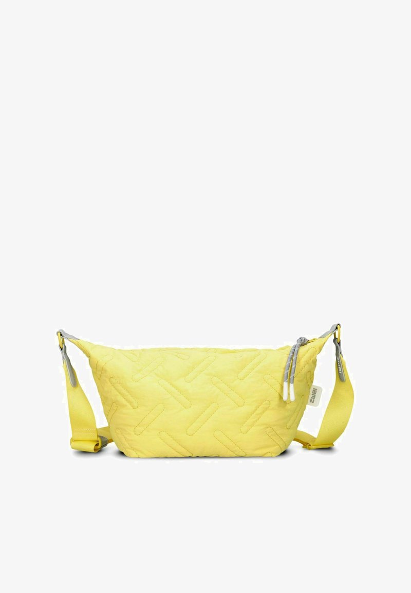 Borsa a tracolla gialla imbottita di forma rettangolare, con un motivo testurizzato e cerniere grigie. Cinturino giallo regolabile attaccato.