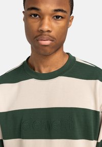 Green and cream striped sweater with a textured knit. Features a ribbed round neckline and embossed "element" branding on the front.