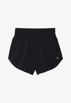 Black athletic shorts featuring an elastic waistband, two side pockets, and a curved hem. Made of smooth fabric with a subtle sheen.