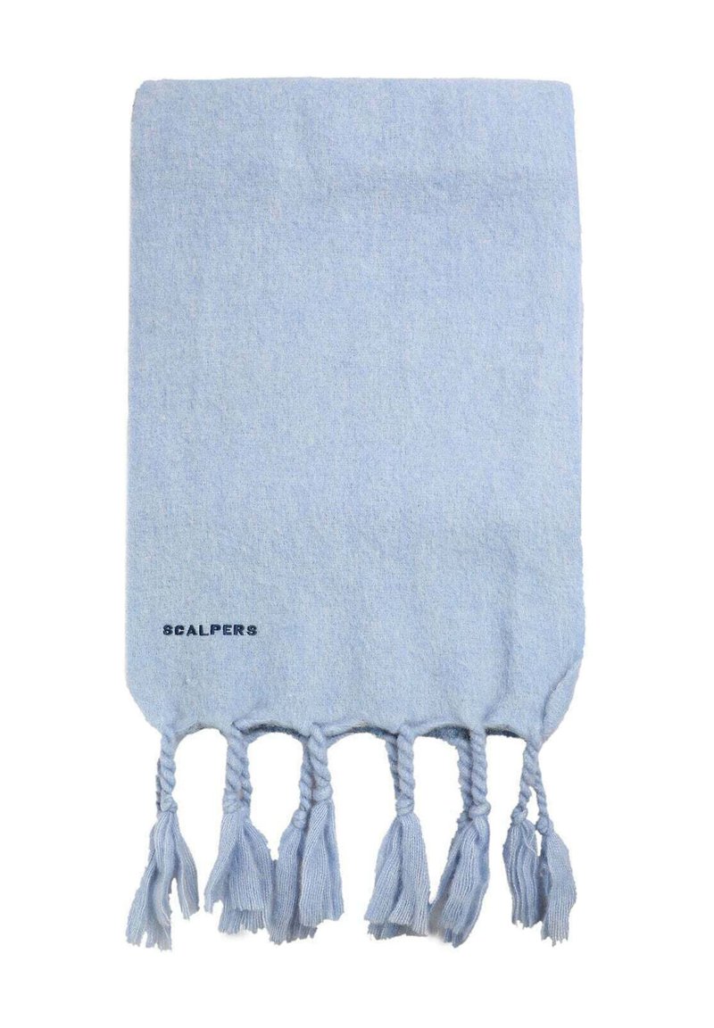 Serviette tissée bleu clair avec des franges tressées en bas. Arbore le texte "SCALPERS" en bleu foncé sur le côté gauche. Texture douce.
