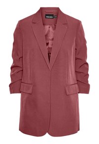Blazer v malinové barvě s fitted střihem, s klopovými límci, dvěma předními kapsami a mírně ohrnutými rukávy. Saténová podšívka viditelná uvnitř.