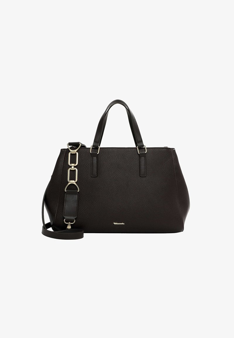 Sort læder tote taske med struktureret korn, dobbelte top håndtag og aftagelig skulderrem. Udstyret med sølvfarvet hardware og logo accent.