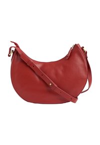 Borsa a mano in pelle rossa con una forma arrotondata, una tracolla removibile e una chiusura con zip. Presenta una texture liscia e dettagli in metallo dorato.