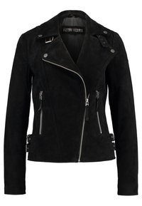 Schwarze Wildleder-Motorradjacke mit asymmetrischem Reißverschluss, Druckknopfdetails am Revers, Reißverschlusstaschen und Schnallenakzenten an der Taille.