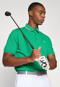 Cămașă polo verde cu o croială clasică, guler alb și logo. Ține un club de golf cu o mănușă albă, asortată cu pantaloni albi și un curea gri.