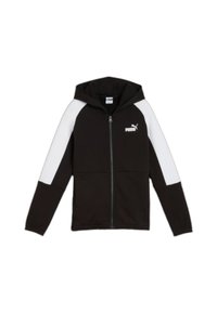 Felpa nera con zip, pannelli bianchi sulle spalle, tessuto morbido, cappuccio ampio e un piccolo logo frontale. Presenta maniche lunghe e tasche frontali.