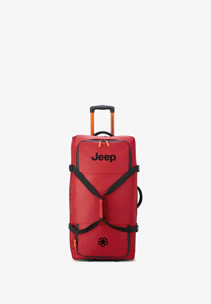 Borsa da viaggio rossa con ruote nere, con dettagli neri, loghi neri, tasche con zip e linguette arancioni. Superficie texture con cinghie regolabili.