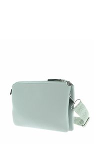 Sac en simili cuir vert menthe clair avec une surface texturée, de forme rectangulaire, fermeture éclair et bandoulière réglable à motif.