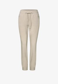 Pantalones jogger de color beige claro con cintura elástica y cordón de ajuste, que cuentan con bolsillos laterales y un diseño de pierna ajustada.