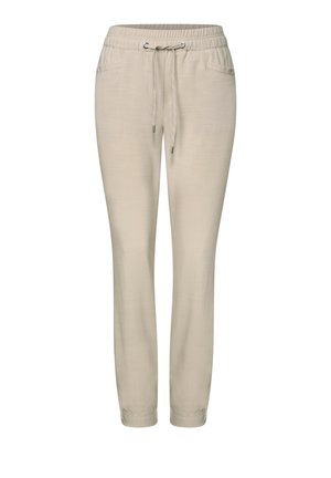 Helle beige Jogger-Hosen mit elastischem Taillenbund und Kordelzug, seitlichen Taschen und einem schmal zulaufenden Beindesign.