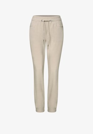 Helle beige Jogger-Hosen mit elastischem Taillenbund und Kordelzug, seitlichen Taschen und einem schmal zulaufenden Beindesign.