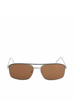 Rectangular brown-tinted sunglasses with thin silver metal frames and clear adjustable nose pads.