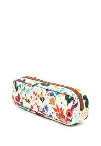 Floral pencil case with a cream background, featuring a zipper closure with a brown accent. Various colorful plants and flowers printed on the exterior.