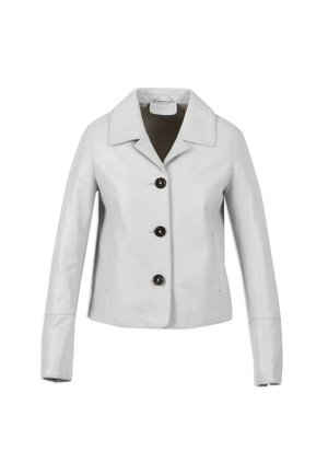 Veste en cuir gris avec un col, quatre grands boutons noirs et des manches longues. Texture lisse et coupe ajustée.