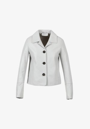 Veste en cuir gris avec un col, quatre grands boutons noirs et des manches longues. Texture lisse et coupe ajustée.