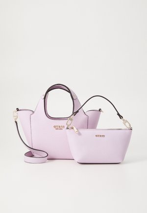 Lilac pebbled leather handbag set, featuring a larger tote with dual handles and a small pouch, both accented with gold hardware.