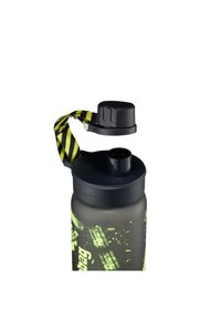 Black water bottle with a matte finish, featuring a textured neon green design, a black cap, and a yellow/black striped strap.