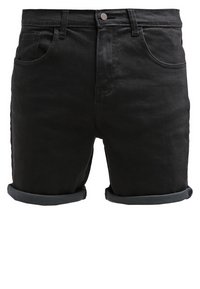 Bermudas de mezclilla negra con un corte clásico, que presentan un dobladillo doblado, diseño de cinco bolsillos y cierre de botón en la cintura.
