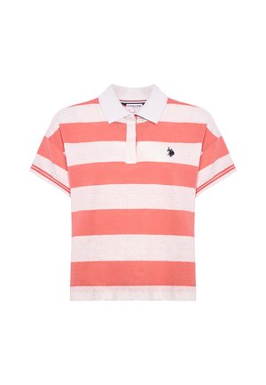 Polo a maniche corte con strisce orizzontali corallo e bianche, tessuto testurizzato e colletto classico. Presenta un piccolo logo nero sul petto.