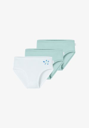 Three pairs of women's briefs: one white with blue turtle design, two light green, cotton fabric, mid-rise with elastic waistbands.
