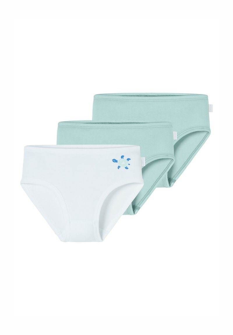 Trzy pary damskich majtek: jedna biała z niebieskim wzorem żółwia, dwie jasne zielone, wykonane z bawełny, o średnim wzroście z elastycznymi paskami.