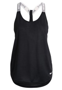 Débardeur de sport noir à ourlet arrondi, dos nageur, avec logo "Just Do It" gris sur les bretelles ; fabriqué en tissu lisse et léger.