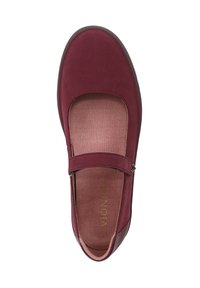 Scarpa Mary Jane bordeaux con tomaia liscia, punta arrotondata, cinturino regolabile e interno imbottito. Logo Vionic visibile sulla soletta.