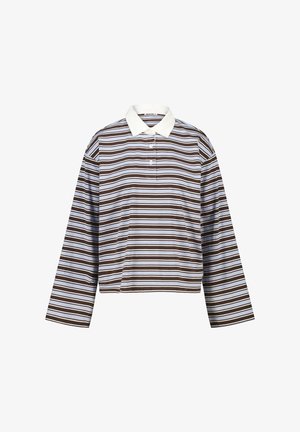 Long-sleeve, cropped polo shirt with white collar and horizontal stripes in black, light blue, and white.