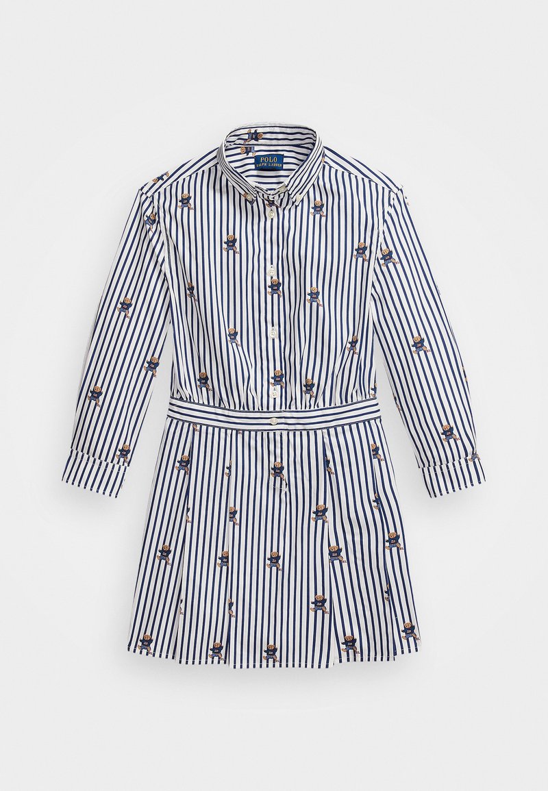 Stripet skjortekjole med knappestolpe, marineblå og hvite striper, samt broderte bjørnemotiver; innsvingt midje og lange ermer.