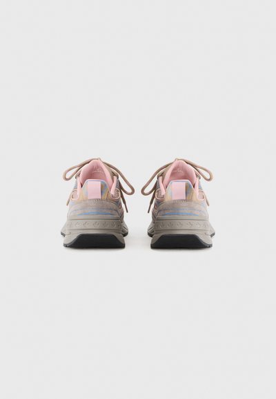 Athletic shoes with a gray and pink color scheme. Features textured suede and mesh upper, round laces, and a cushioned sole.