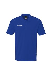 Blauwe polo gemaakt van katoen, met een kraag, drie knopen en een wit "Kempa" logo op de linkerkant van de borst. Korte mouwen.