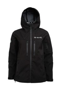 Giacca nera impermeabile con cappuccio, chiusura con zip frontale e quattro tasche con zip. Presenta un logo sul petto e polsini regolabili.