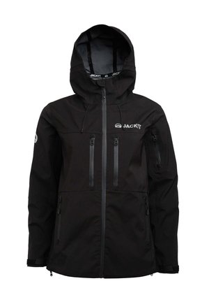 Giacca nera impermeabile con cappuccio, chiusura con zip frontale e quattro tasche con zip. Presenta un logo sul petto e polsini regolabili.