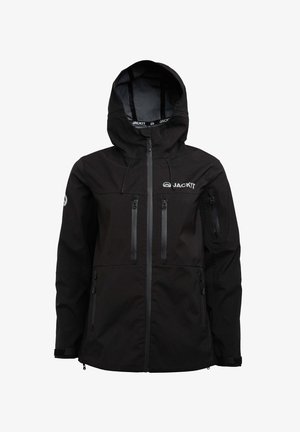 Zwarte waterdichte jas met capuchon, rits aan de voorkant en vier zakken met rits. Kenmerkt zich door een logo op de borst en verstelbare manchet.