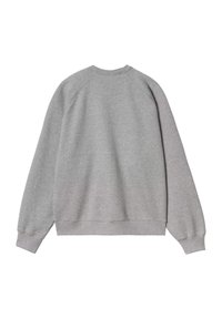 Felpa grigia con collo a giro e vestibilità rilassata, polsini e orlo a costine e una texture di stoffa morbida. Presenta maniche raglan e dettagli minimi.
