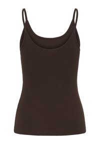 Débardeur marron foncé côtelé avec fines bretelles et encolure arrondie, silhouette ajustée.