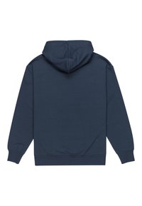 Navy blue hoodie with a soft texture, featuring a drawstring hood, long sleeves, and a ribbed hem and cuffs. Simple, solid design.
