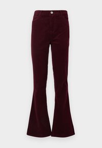 Bordeaux corduroy hoge taillebroek met een knoop- en ritssluiting, voorzakken en uitlopende benen.
