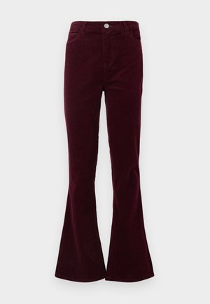 Bordeaux corduroy hoge taillebroek met een knoop- en ritssluiting, voorzakken en uitlopende benen.