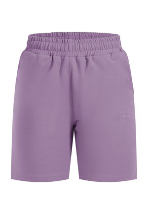 Pantaloni corti di lavanda in cotone con vita elastica, dotati di tasche laterali e un piccolo logo ricamato sul davanti in basso.