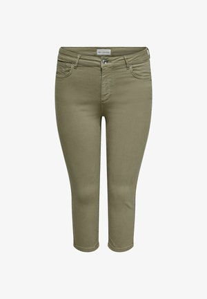 Maslinasto zelene uske kratke hlače s prednjim džepovima, petljama za remen i kopčanjem na gumb i patentni zatvarač.