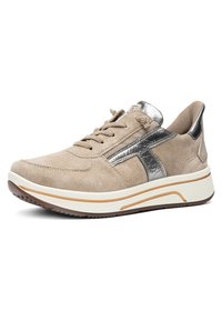 Beige suede sneaker with metallic silver details, beige laces, cushioned white sole with brown tread, and low ankle support.