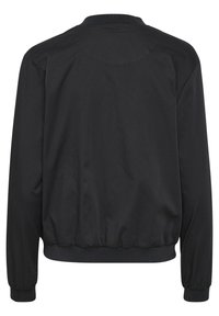 Schwarze Bomberjacke mit geripptem Kragen, elastischen Bündchen und Kordelzugsaum, aus glattem Material mit lockerer Passform.