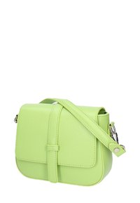 Borsa a tracolla verde in pelle con finitura testurizzata, forma rettangolare, chiusura a patta e tracolla regolabile. Presenta dettagli in metallo di colore argento.