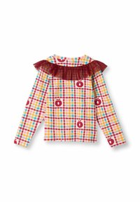 Langarmtop met een multicolore ruitpatroon, rode appel logo's en een gerimpelde bordeaux tulle kraag. Gemaakt van lichtgewicht stof.