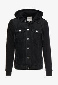 Black denim jacket with button front, chest pockets, and attached hoodie with drawstrings, long sleeves in a sweatshirt material.
