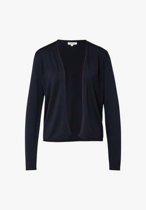 Marineblauwe cardigan gemaakt van zacht stof, met een ontspannen open voorkant, lange mouwen en geen sluitingen voor eenvoudig combineren.