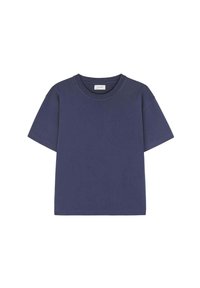 Mørkeblå kortærmet t-shirt lavet af bomuld. Har en rund halsudskæring og en afslappet pasform. Glat tekstur uden synlige mønstre eller accenter.
